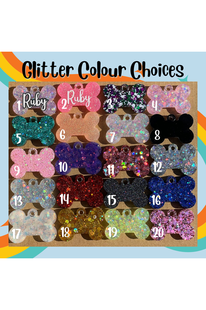 Variety of colourful custom resin pet tags for dogs and cats
