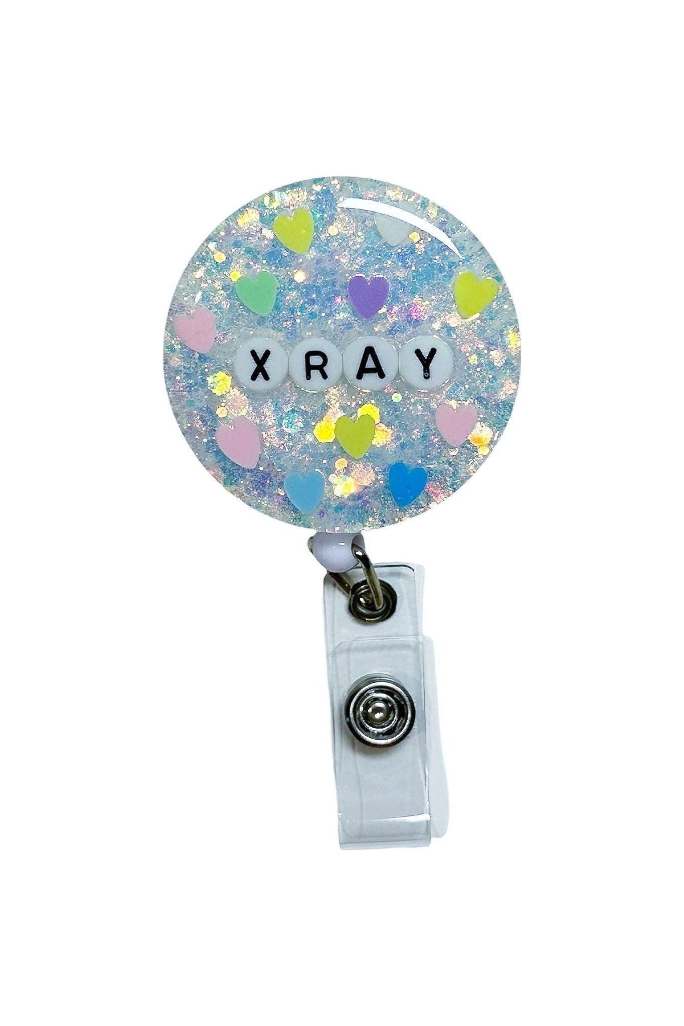 Personalised white glitter resin badge reel with name, handmade ID holder
