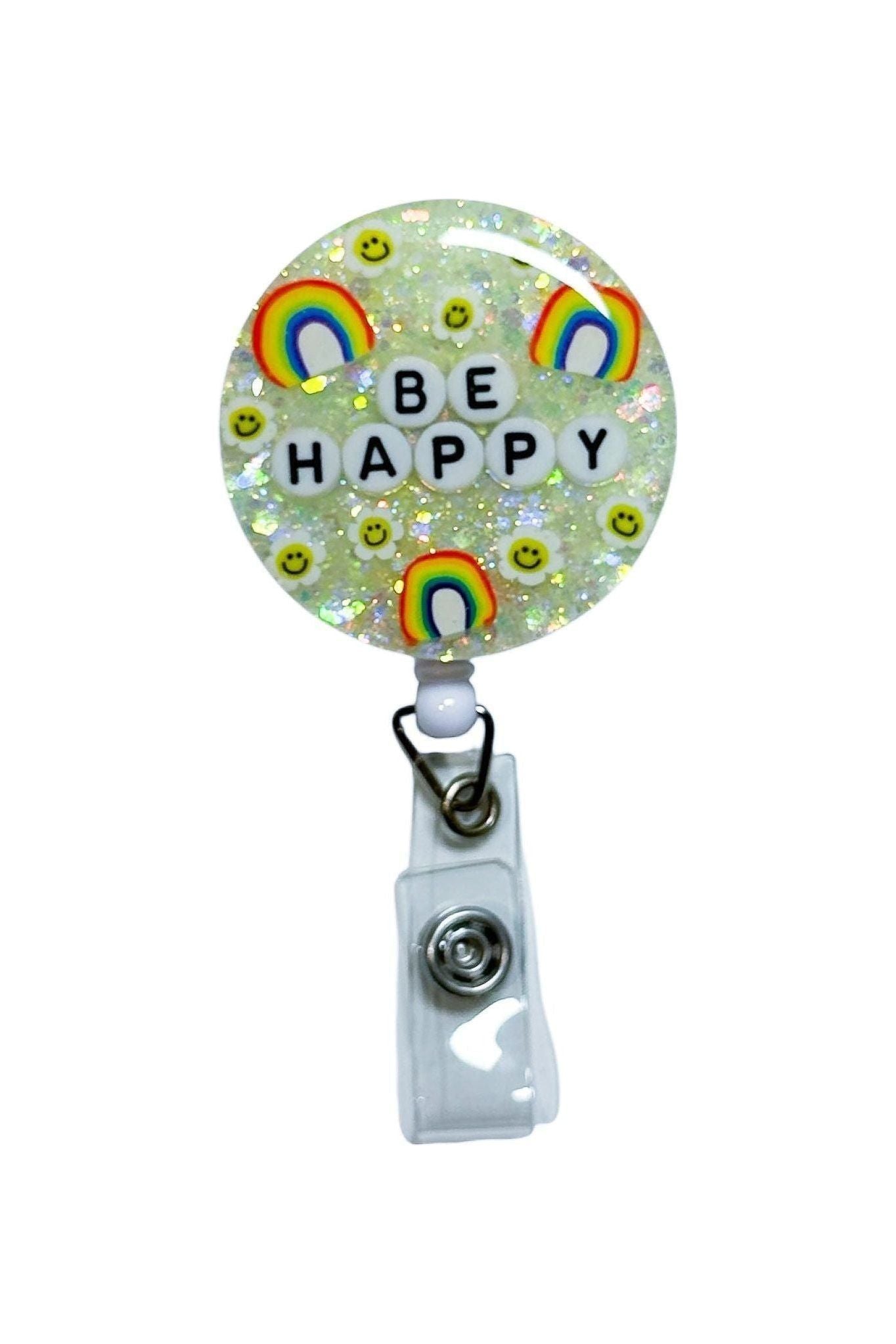 Personalised yellow glitter resin badge reel with name, handmade ID holder