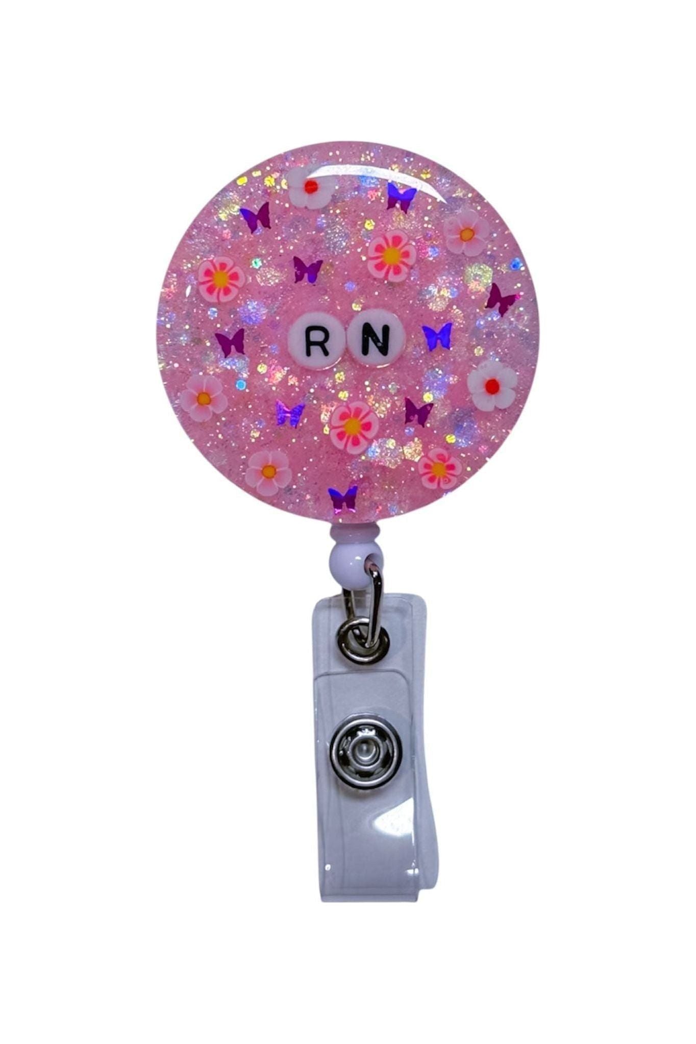 Pink personalised resin badge reel with glitter, custom name badge holder for nurses and teachers