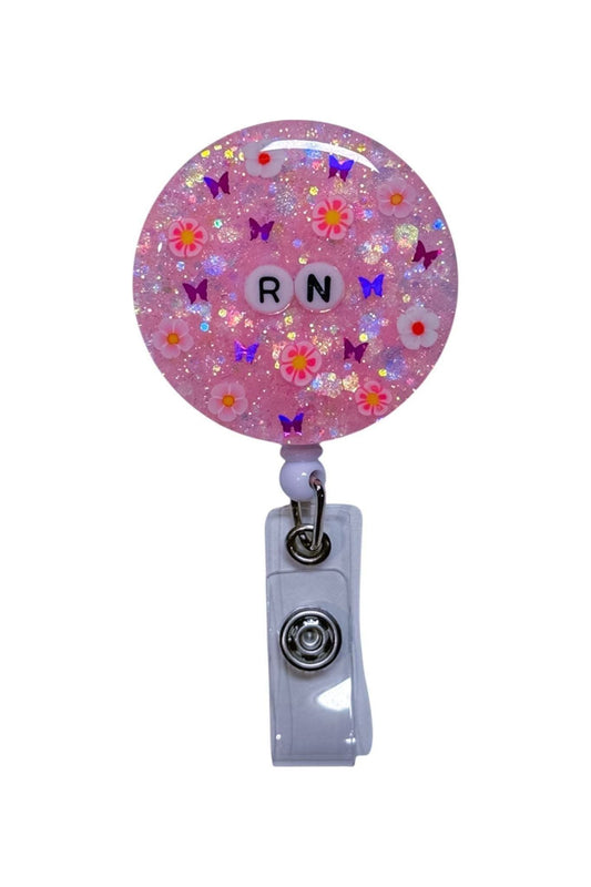 Pink personalised resin badge reel with glitter, custom name badge holder for nurses and teachers