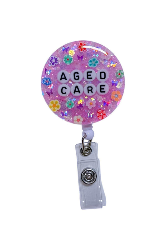 Purple personalised resin badge reel with glitter, custom name badge holder for nurses and teachers