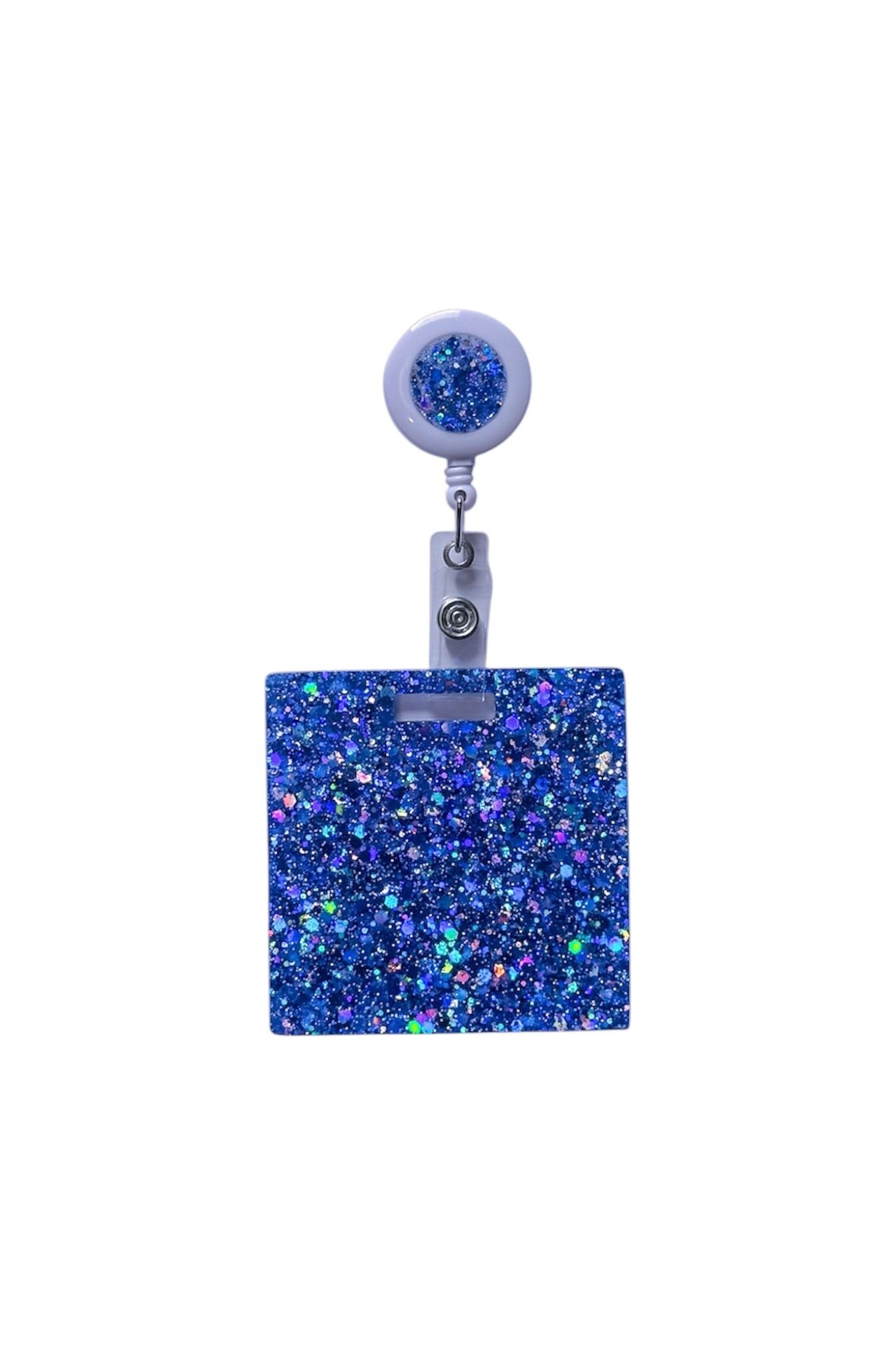 Personalised nurse badge reel in blue sparkle resin - clip-on design
