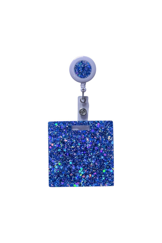 Personalised nurse badge reel in blue sparkle resin - clip-on design