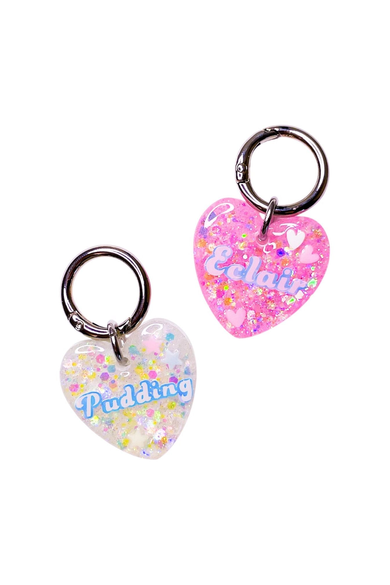 Close-up view of personalised dog name on resin pet tag