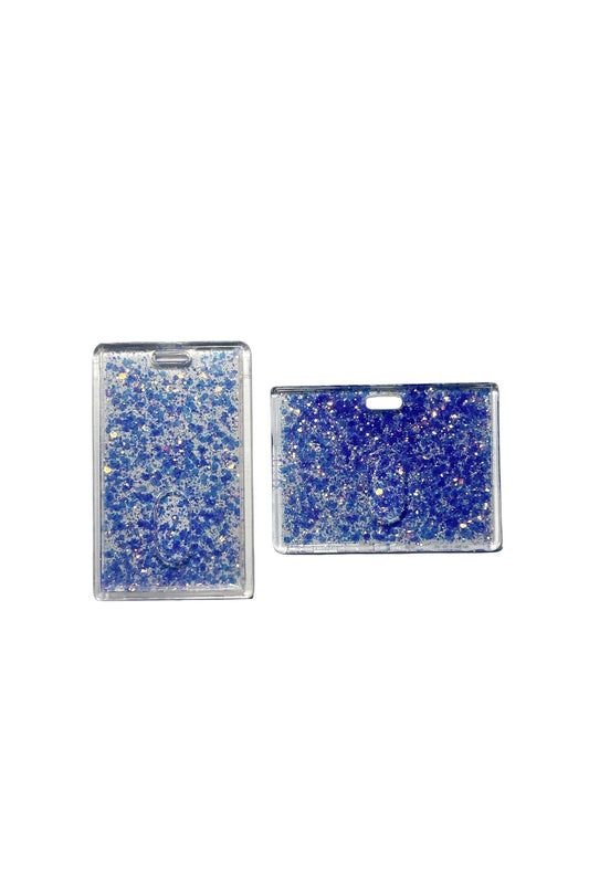 Two purple glitter card holders on a clear background