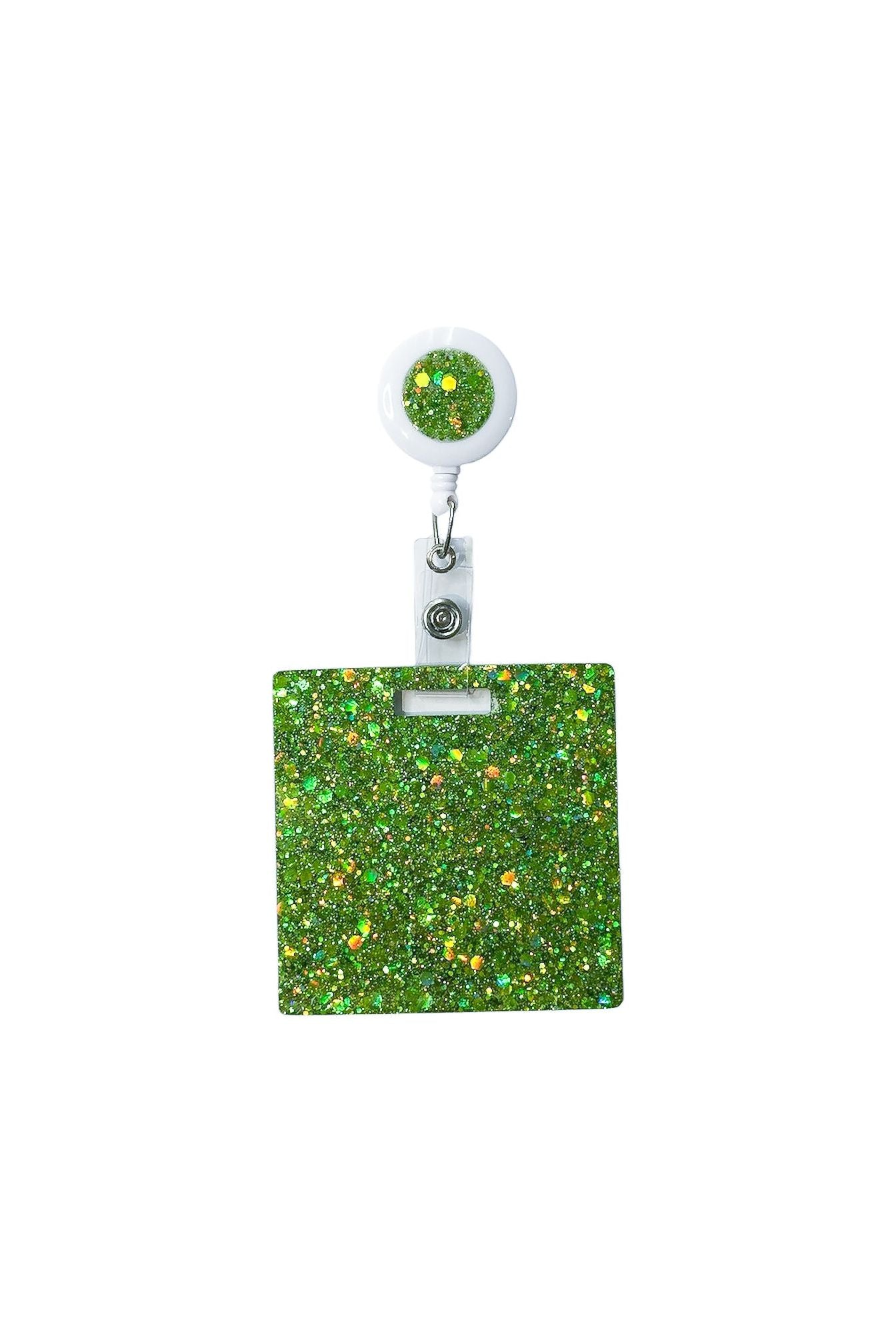 Personalised nurse badge reel in green sparkle resin - clip-on design