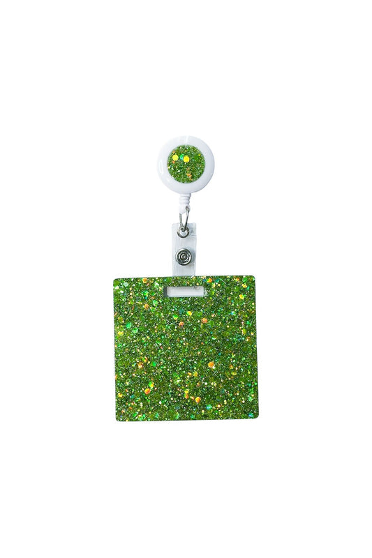 Personalised nurse badge reel in green sparkle resin - clip-on design