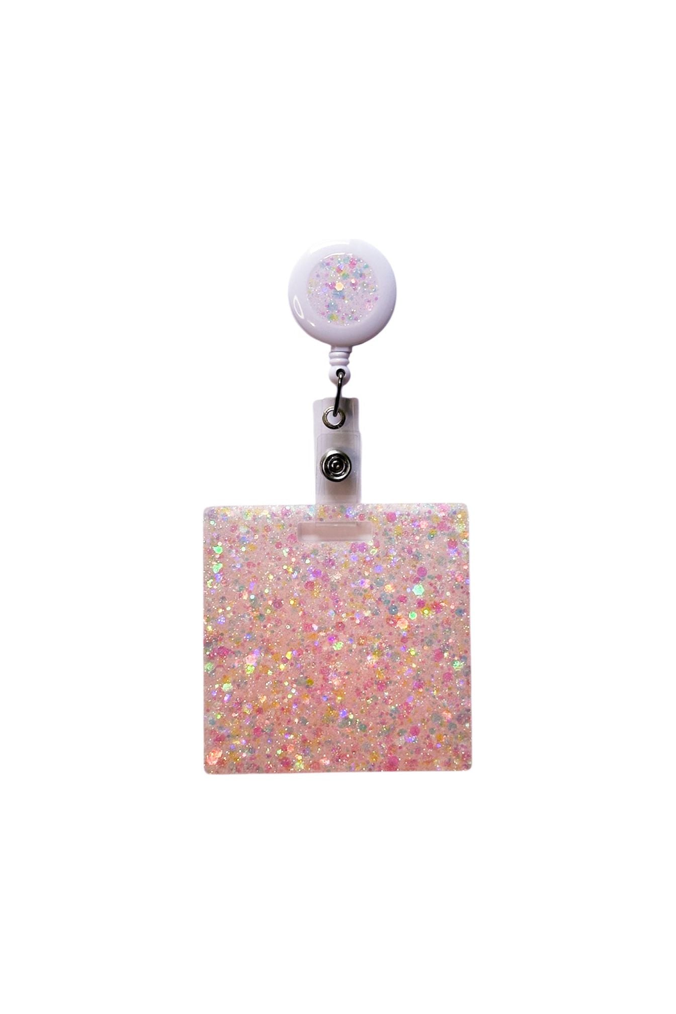 Personalised retractable badge holder for nurses - pink sparkle resin