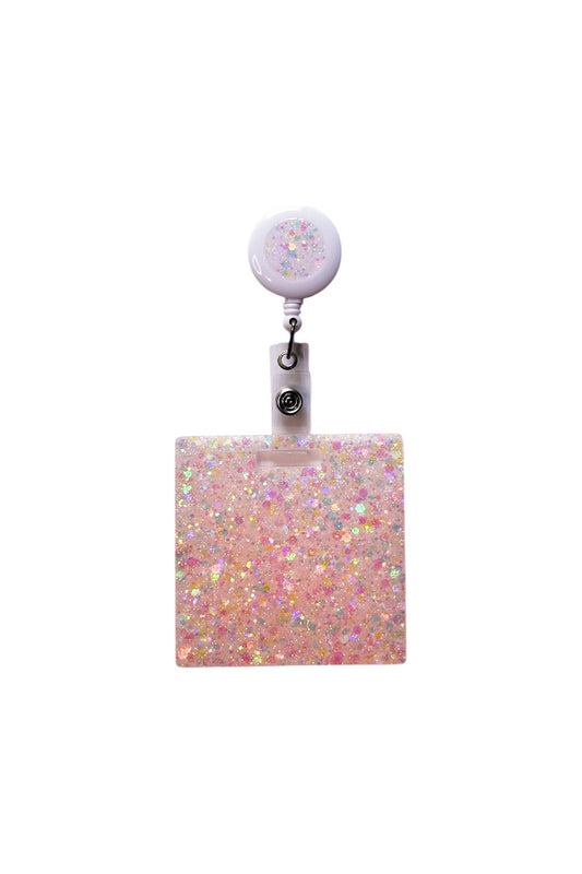 Personalised retractable badge holder for nurses - pink sparkle resin