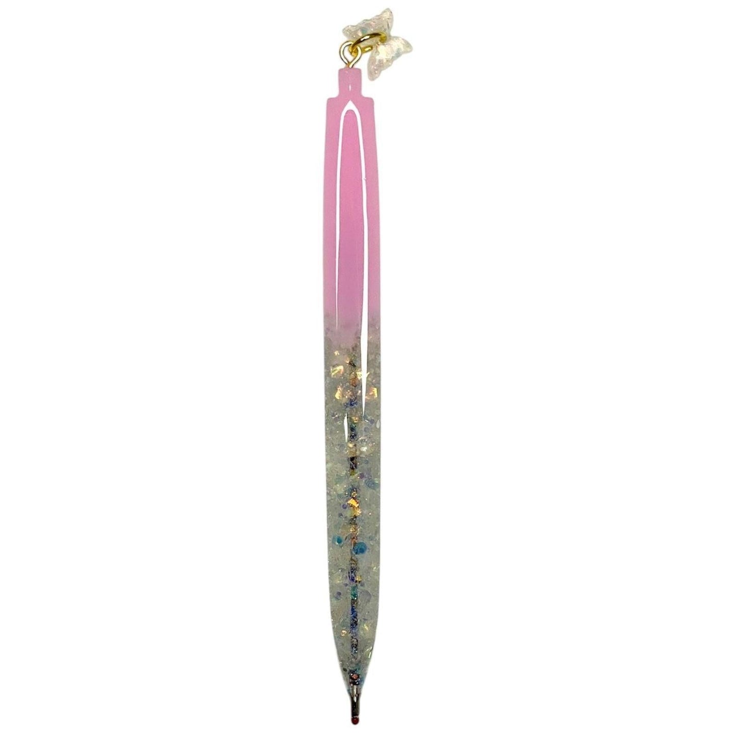 Pink And White Glitter Filled Pen With A Butterfly Charm