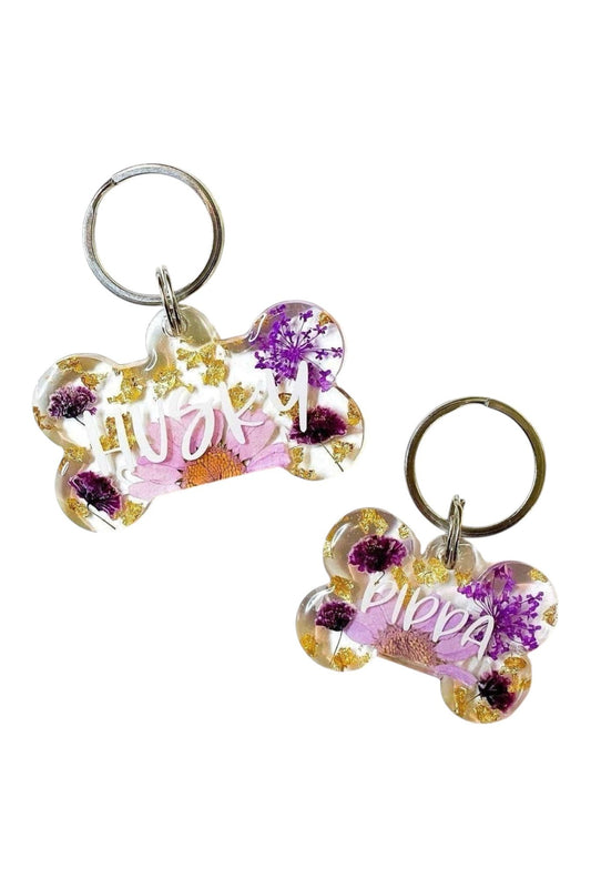 Transparent Purple Floral Dog Tags