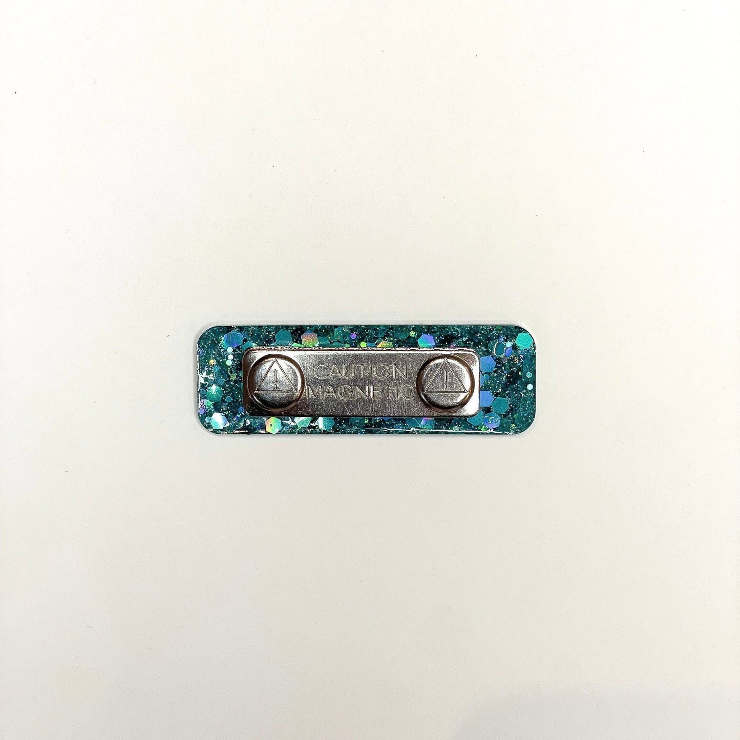 Turquoise Glitter Name Badges, Back Side