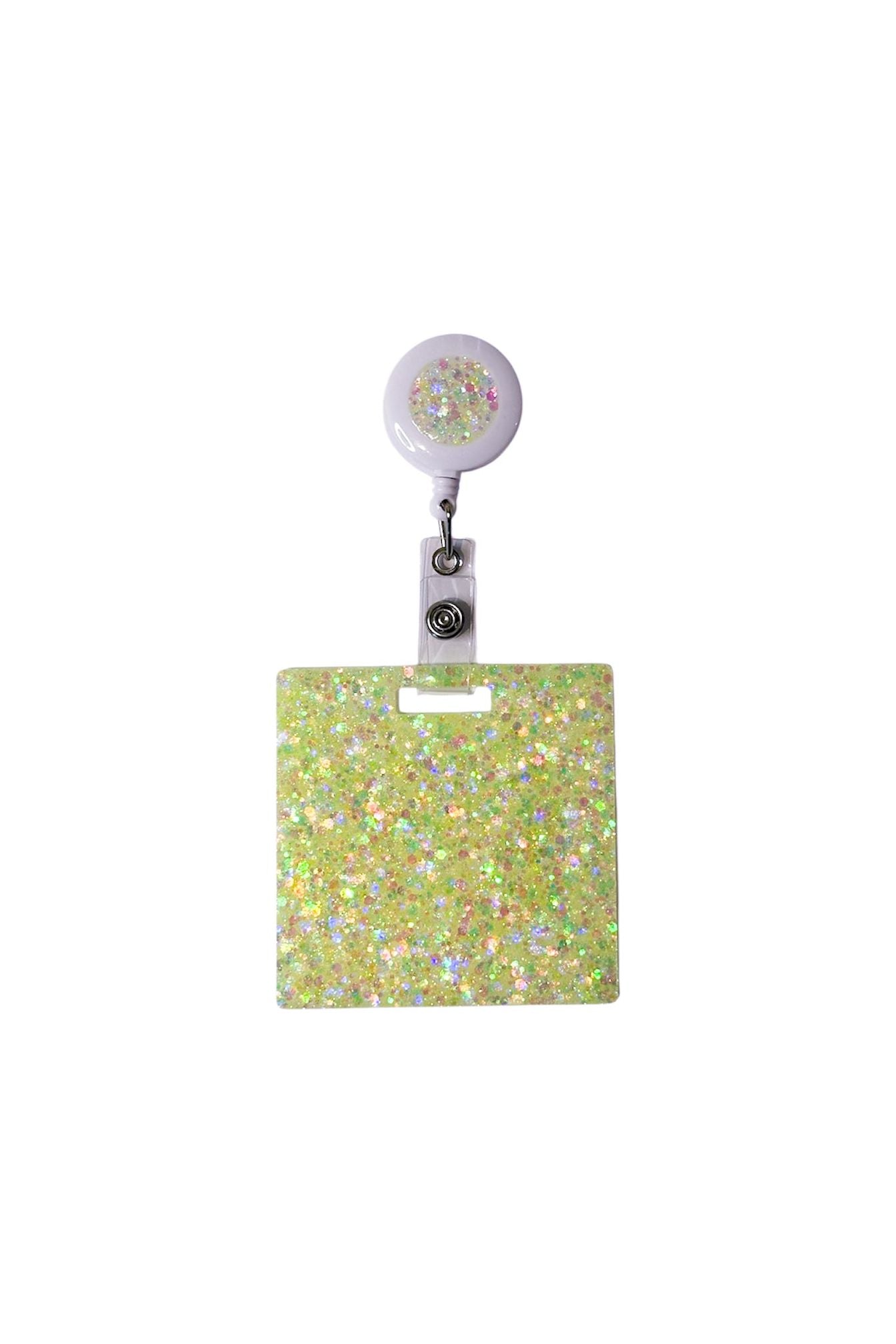 Personalised retractable badge holder for nurses - yellow sparkle resin