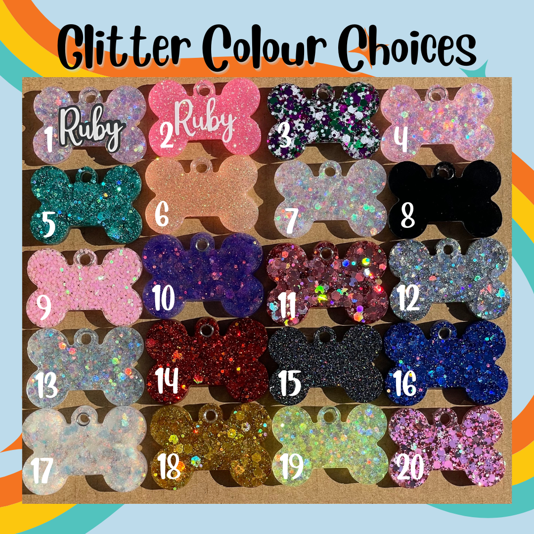 Custom Pet Tags, Glitter Choices, Bone Shape Tag, Front Side