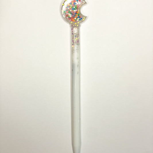 White Glitter Moon Pen, Freckle Pen, Custom Pens, Front Side 