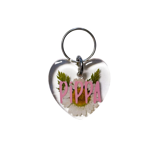 White Daisy & Fern Love Heart Resin Pet Tag