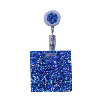 Personalised nurse badge reel in blue sparkle resin - clip-on design