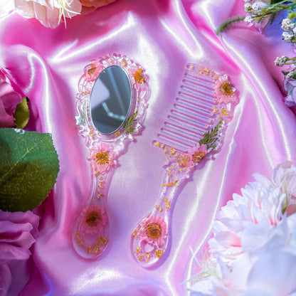 Handmade Resin Floral Hair Comb & Matching Mirror Set