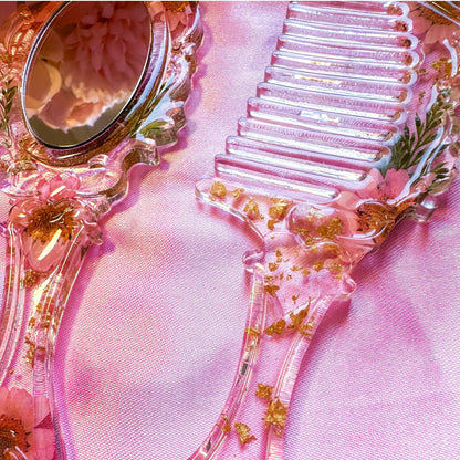 Handmade Resin Floral Hair Comb & Matching Mirror Set