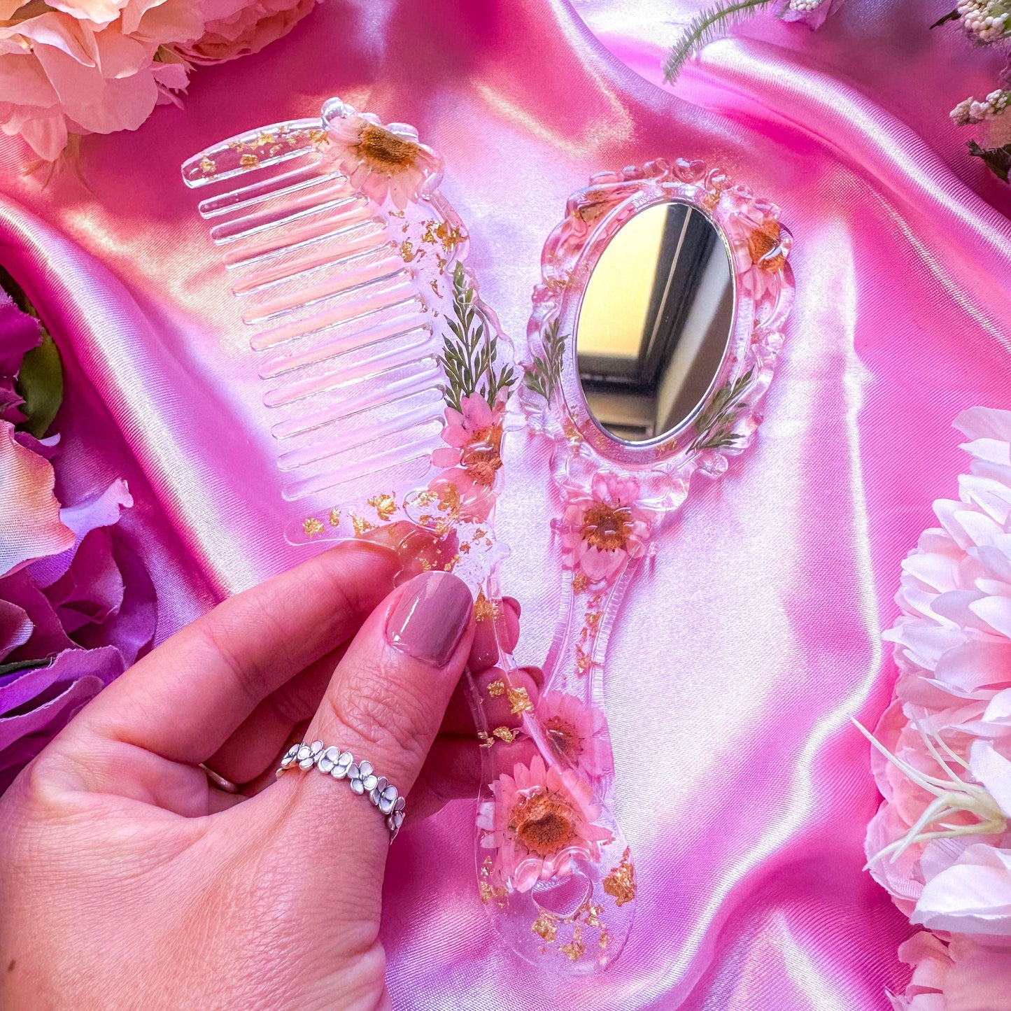 Handmade Resin Floral Hair Comb & Matching Mirror Set