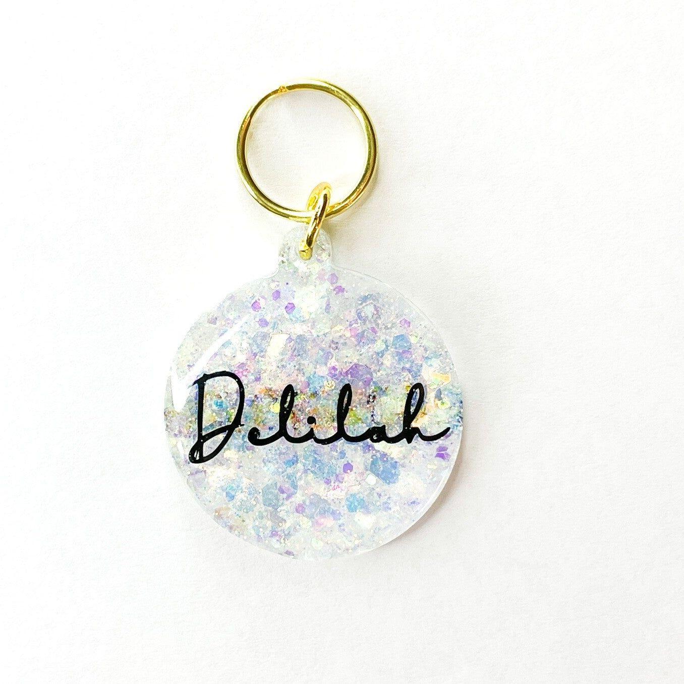 Front side of cat tag, cat id tags, white glitter cat tags