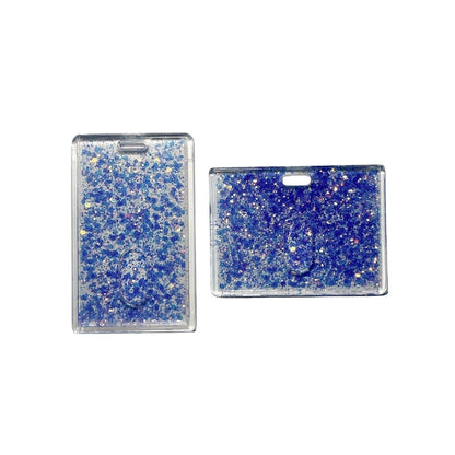 Two purple glitter card holders on a clear background