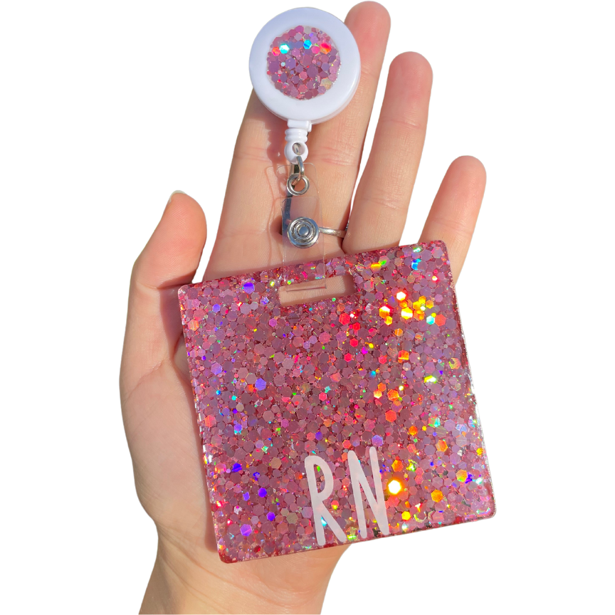 Front side of badge holder, rose pink glitter badge holder and reel, badge holders